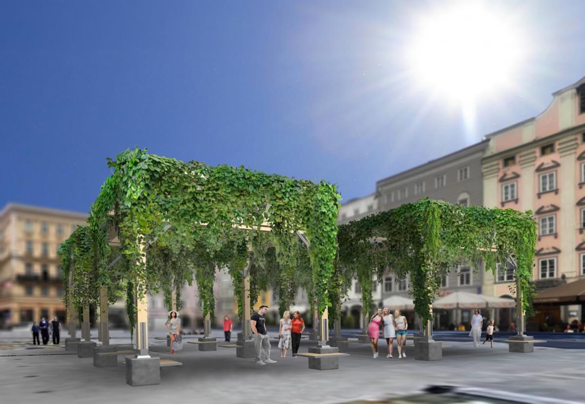 3d-Rendering einer Klimainsel am Hauptplatz in Linz: Mit Kletterpflanzen begrünte Holzgerüste, darunter Menschen, die den Schatten genießen.